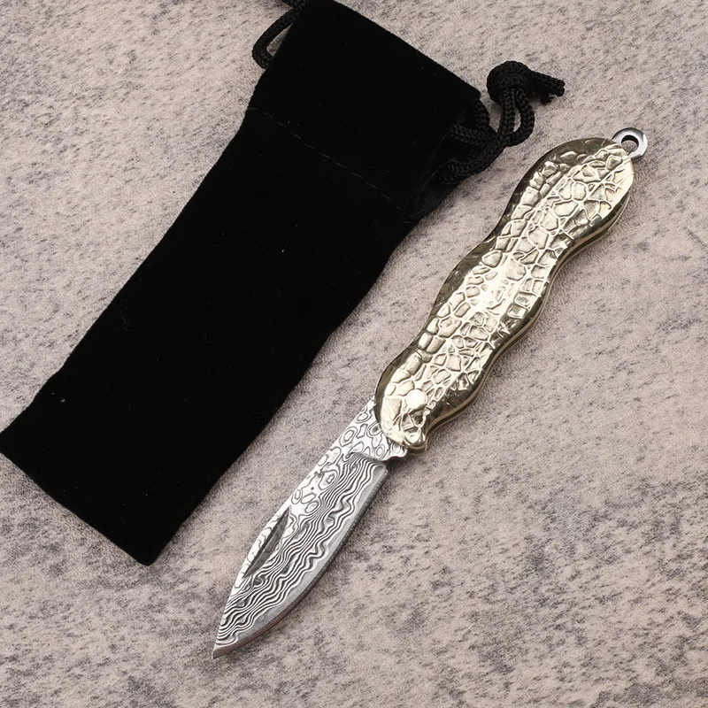 Brass Handle Unlocking Folding Blade Knife VG10 Damascus Steel Small Portable Pocket Knives Hand Tools With Nylon Bag Box