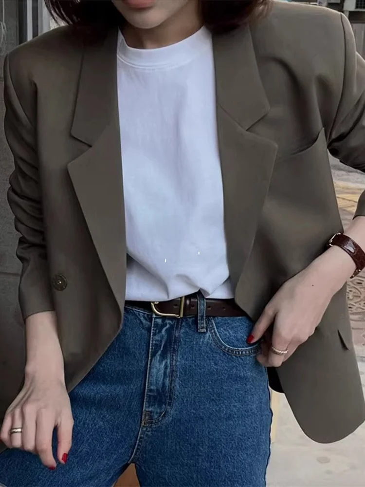 

Свободный коричневый пиджак для женщин, новинка весны 2024, укороченный, с длинными рукавами, повседневное пальто для любого типа фигуры