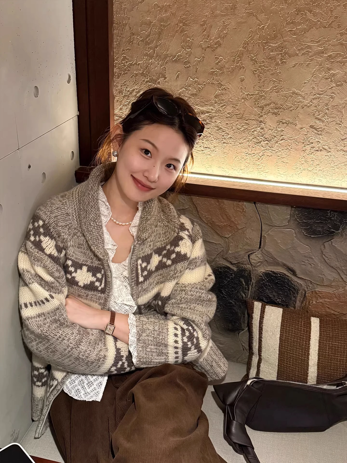 Nordic Sle Fair Isle Zipper Stricken Pullover Mantel frauen Herbst Winter Lose Fit Kragen Offene Strickjacke Weiche Warme Lange Sve