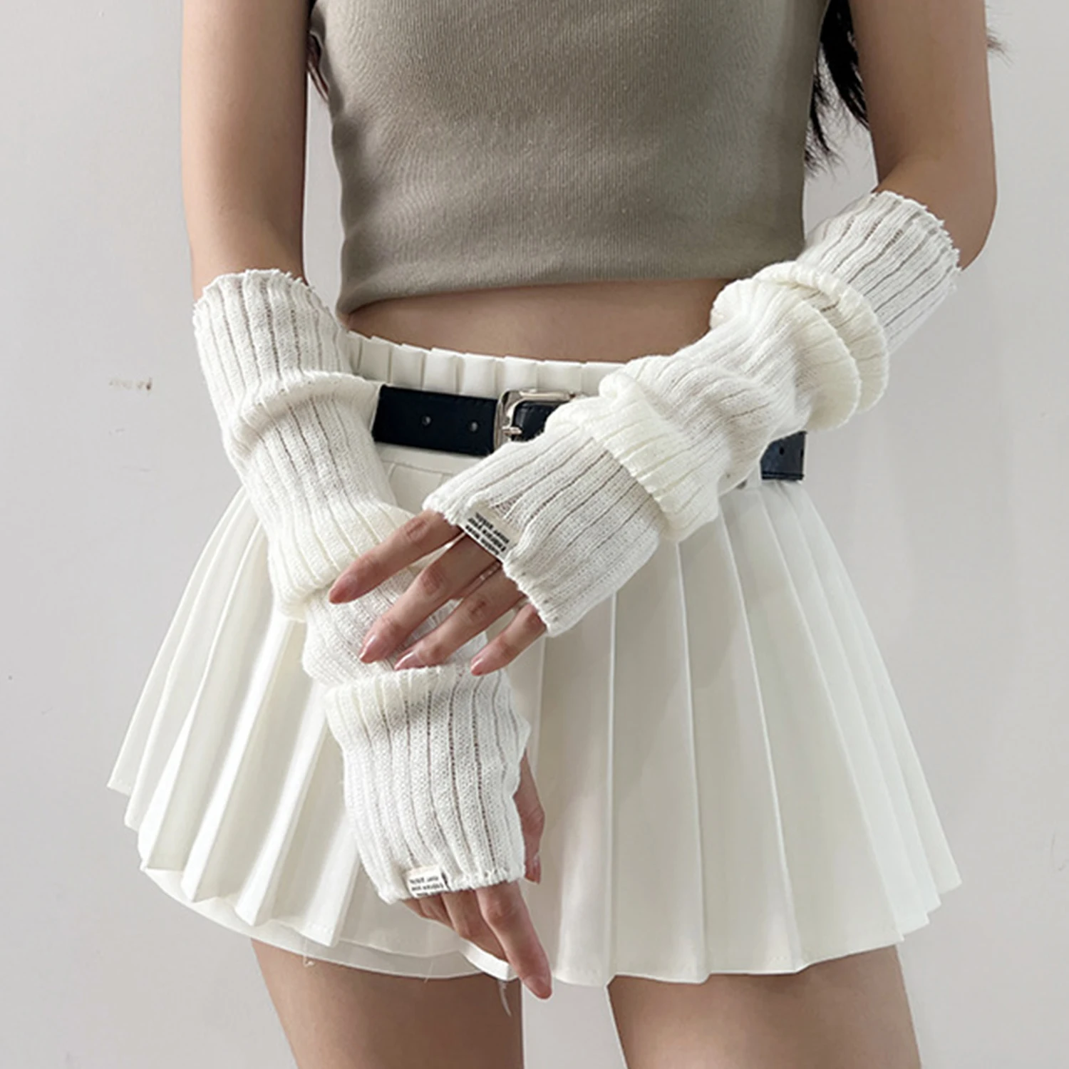 

White Lolita Style Long Fingerless Gloves Women Winter Arm Warmer Knitted Arm Sleeve Casual Soft Girls Punk Gothic Mittens