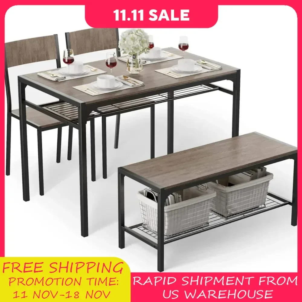 Modern Kitchen Table Set and 2 Chairs for 4 with Bench,Rectangular  4 Piece Storage Dining Table Set for Small Space, Apartment