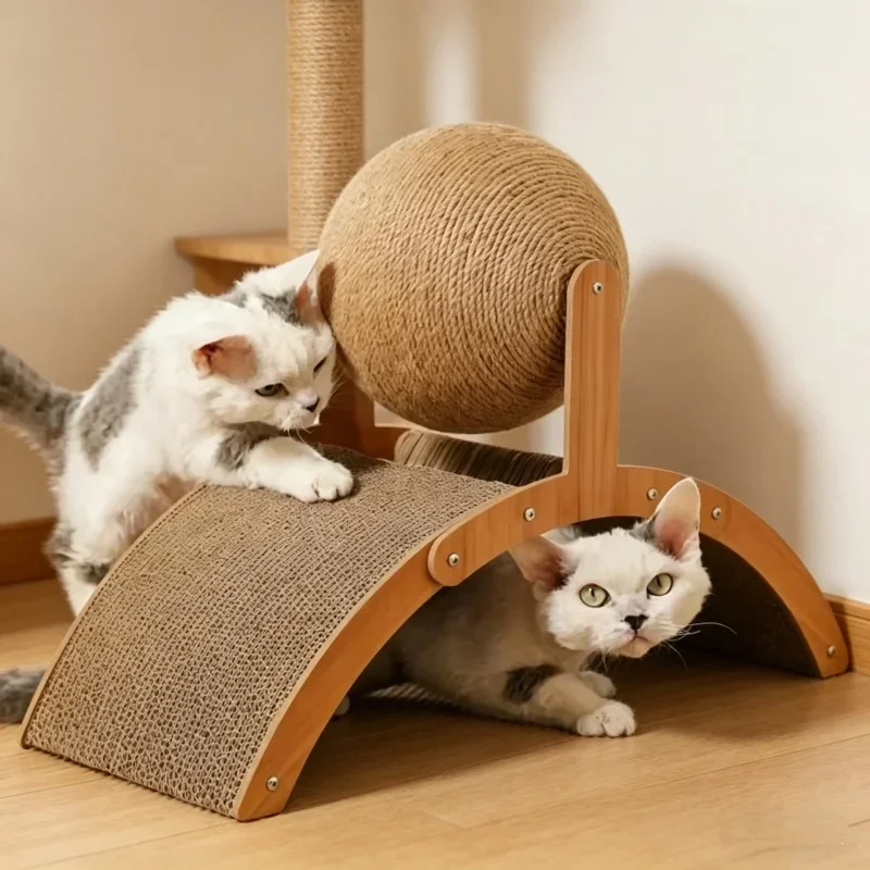 2-in-1 Katzenkratzbaum aus Massivholz mit Sisal-Kratzbrett und Kratzball, verschleißfester Kratzschaber für Katzenpfoten