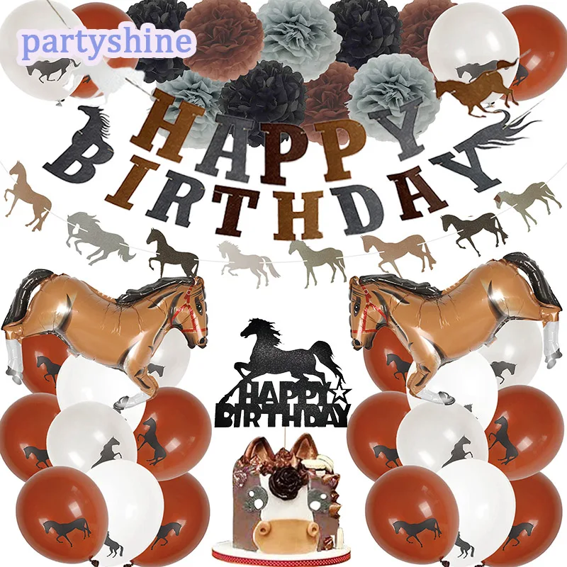 Horse Theme Party Decoraiotns Cake Topper Banner Balloons For Ride Club Decors Background Boy Equestrian Birthday Party Supplies