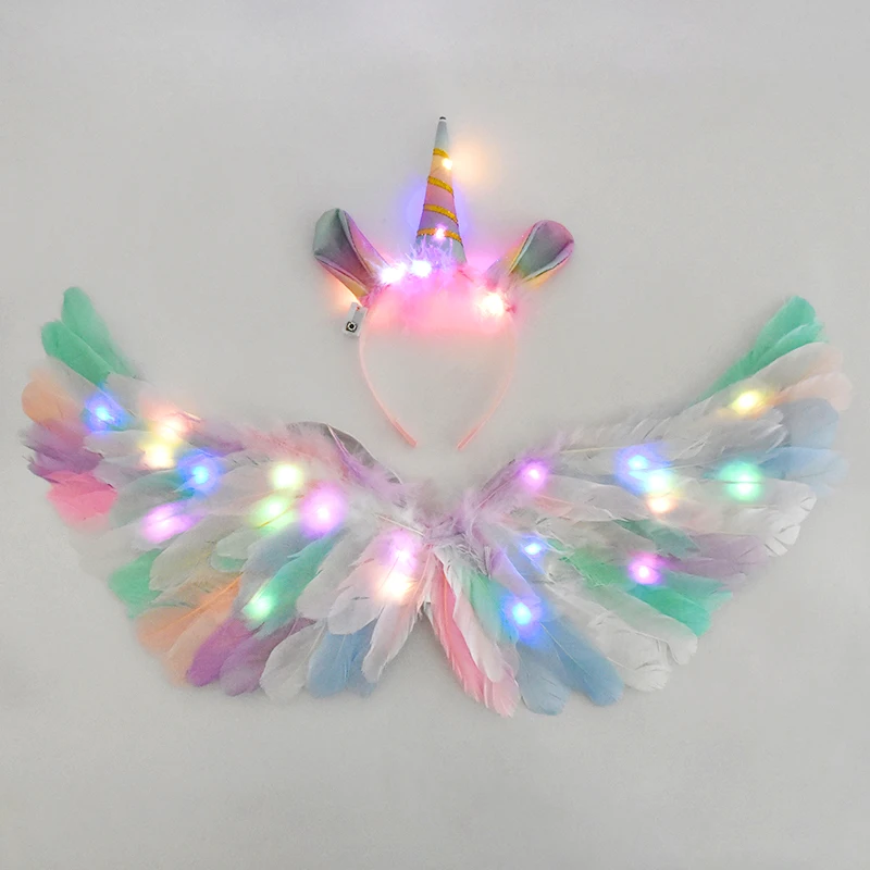 Kids LED Colour Angel Feather Wings Costume Props Luminous Unicorn Halo Headband Fairy Stick Party Glowing Accessory Baby Shower