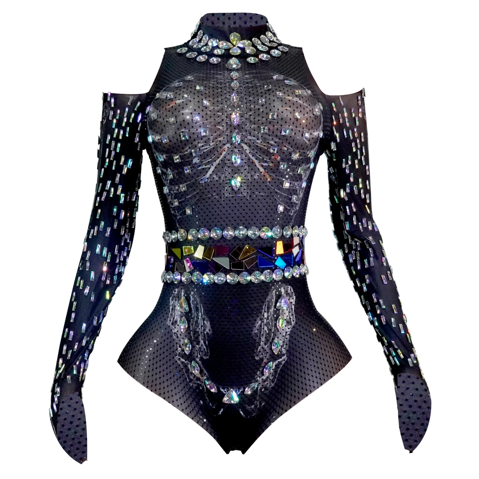 

Drag Queen Costume Glitter Rhinestones Black Printed Skeleton Bodysuit See-through Mirror Club Performance Outfit NightClub DJ