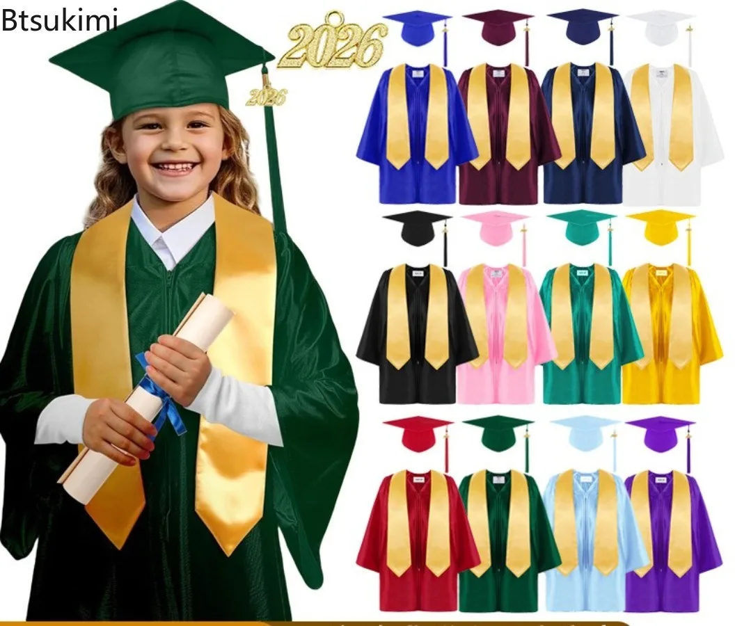 Kids Kindergarten Graduation Gown Boys Girls Bachelor Uniform 3Pcs Sets Preschool Graduation Uniform Sets Robe Shawls and Hat