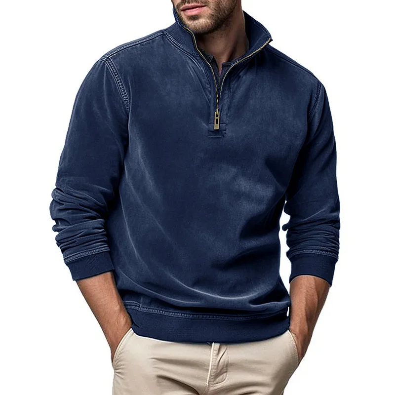 

Autumn Winter Men's Sweatshirt Casual Long Sleeve Stand Collar Henley Neck Pullover Solid Color Half-Zip Men's Sweater Jumper