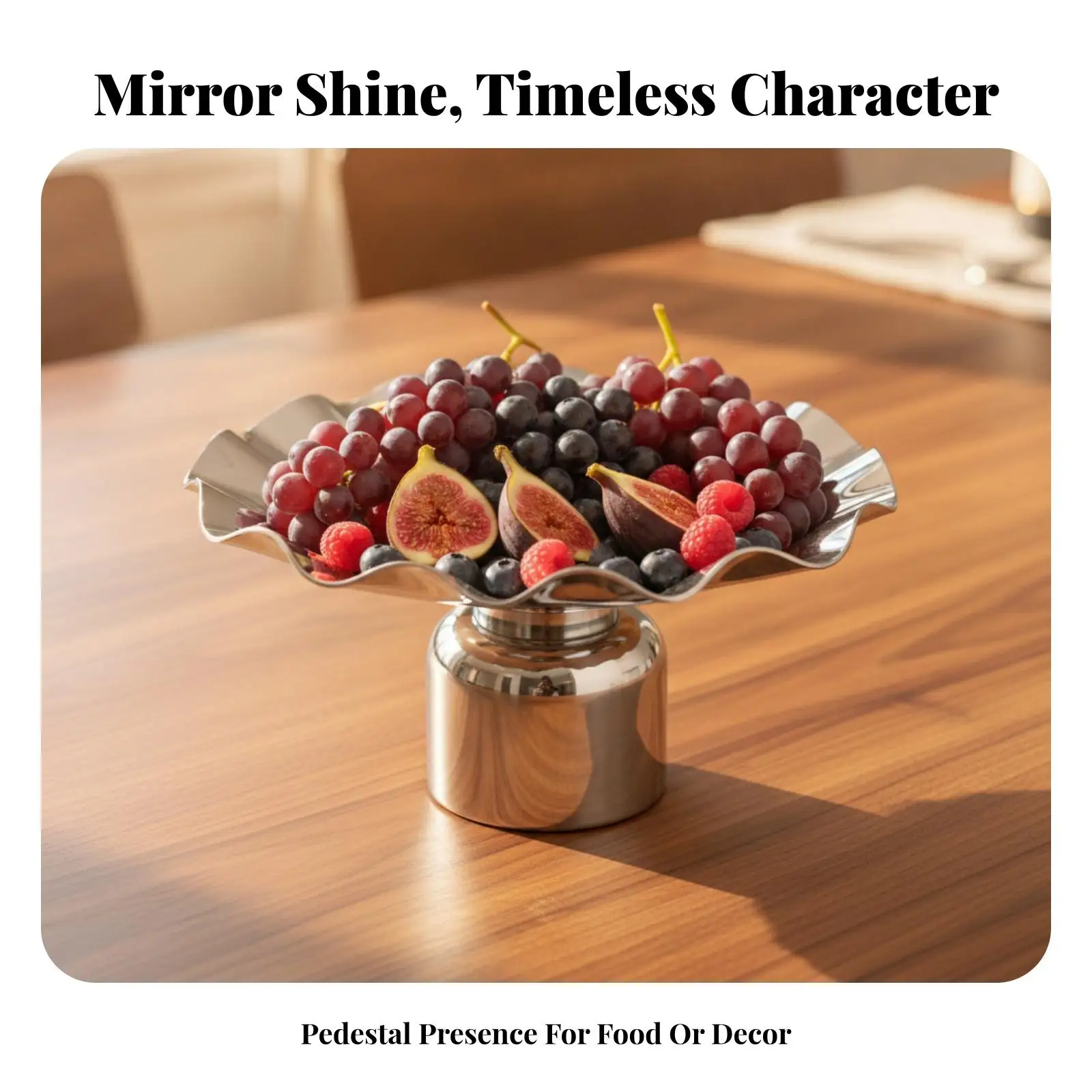 Raised Serving Tray Stainless Steel Flower Rim Cylindrical Pedestal for Buffet Party Catering Display of Fruits Pastries Jewelry