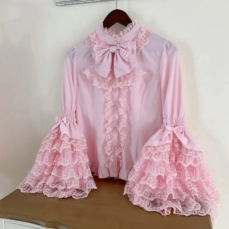 Japanese Lolita Shirts Women Sweet Kawaii Bow Lace Patchwork Bottoming Blouse Cute Button Long Sleeve Spring Summer Harajuku Top