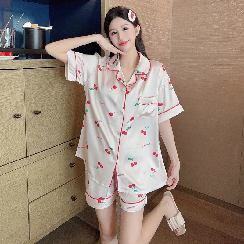 Ins Japanese Casual Pajamas Women\'s Summer Thin Girl\'s Home Lapel Cardigan Two-piece Set Fashion Pyjamas Women Homewear 2PJS