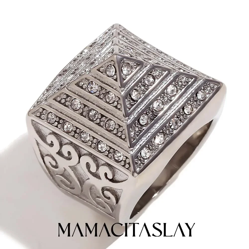 MamacitaSlay in Vintage Four-Story Pyramid Vine Waterproof Men Ring Luxury Stainless Steel Jewelry Man's for Rings Sizes 9-11 - Detail 1