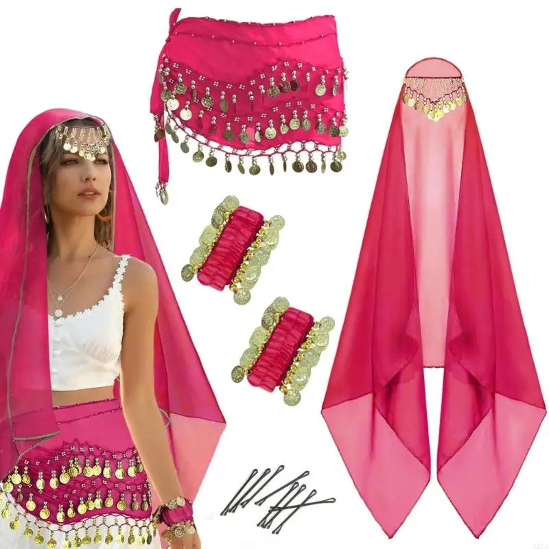 2025 New Belly Dancer Outfit,Head Scarf,Belly Dance Hip Scarf,2 Coin Wrist Bracelets