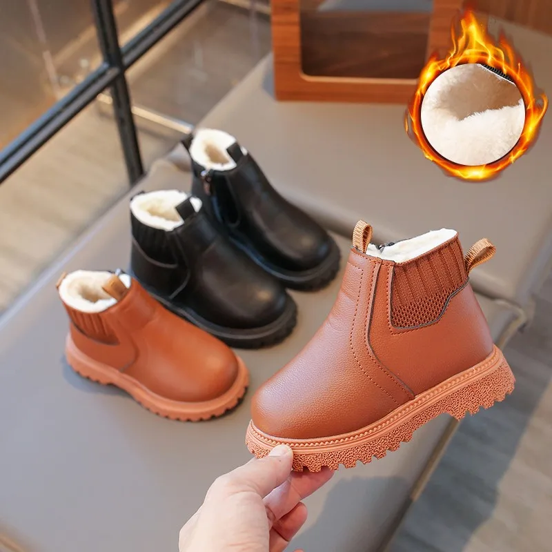 

Kids Ankle Boots for Little Boys Girls Thermal Snow Boots Fashion PU Leather Children Short Rubber Boots with Thick Plush 21-30