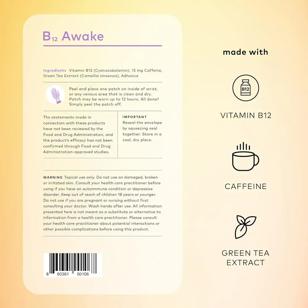 B12 Awake Transdermal Patches With Plant-based Ingredients, Infused With , B12, And Green Tea Extract 30 Patches