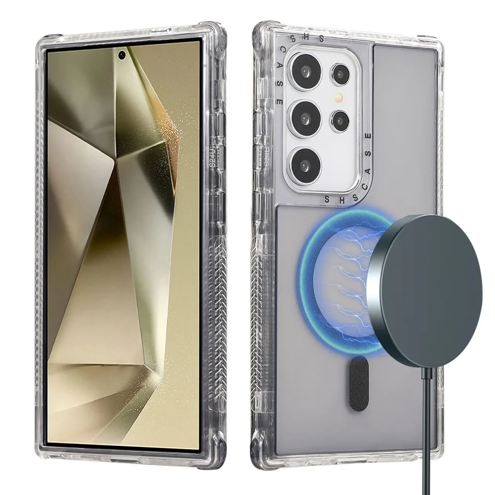 3 in 1 Magnetic Case for Samsung Galaxy S25 S24 Ultra Plus Cover Crystal Anti-knock Air-cushion Shell Magsafe Anti-slip Fundas