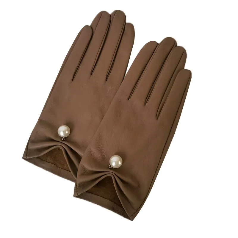 New Women\'s Leather Gloves Sheepskin Fashion Big Pearls Winter Warm Unlined Driving Gloves