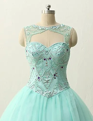 ANGELSBRIDEP Mint Green Unique Crystal Beading Bodice Full-Length Lace Up Quinceanera Dresses 15 Years Tulle Puffly Debutante