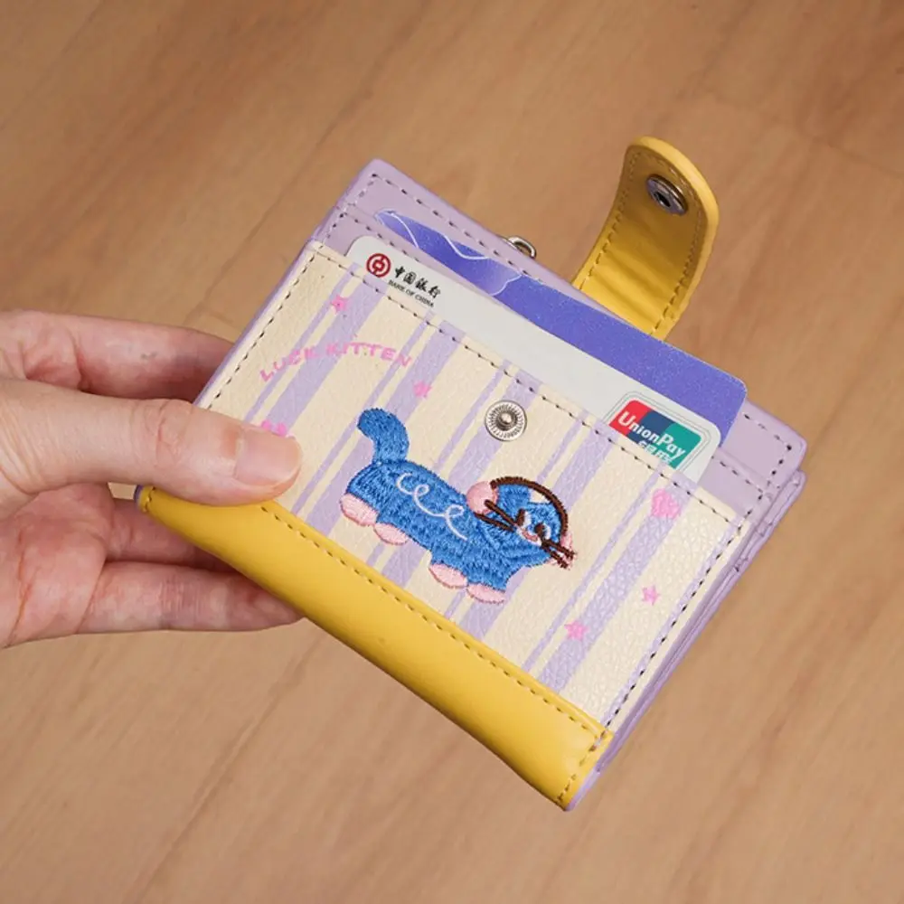 Portafoglio con gatto ricamato in stile coreano retrò Porta carte ultra sottile Porta carte Porta carte con pochette corta Porta carte in pelle PU da donna