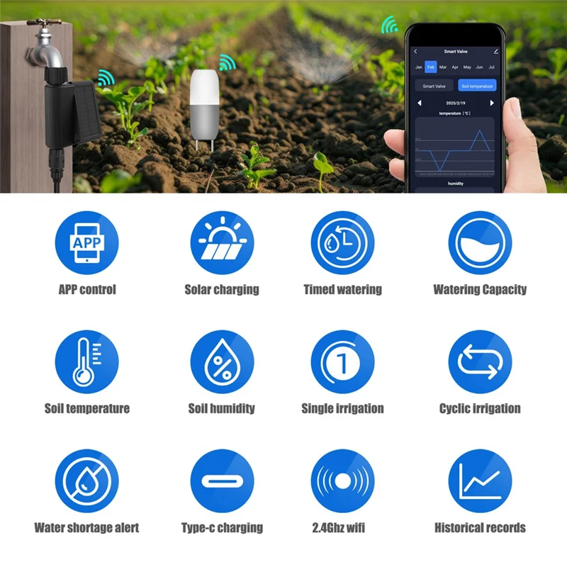 

-AT52 Solar Powered Water Timer Smart Water Valve Tuya Smart Water Timer Soil Temperature Humidity Sensor Detector