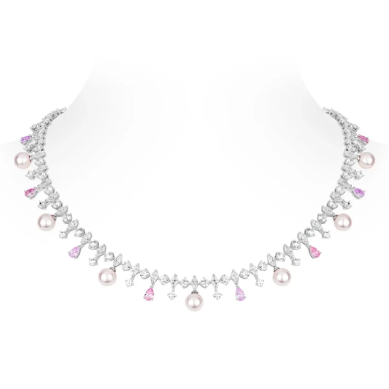BELLUX 925 Silver Synthetic Zircon Pink White Water Drop Full Diamond Shell Pearl Fashion Jewelry Elegant Pearl Necklace
