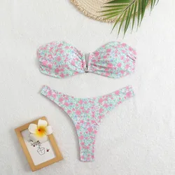 비키니 세트 섹시한 꽃 프린트 2 피스 수영복 여성용 Strapless Backless Hollow Out Beach Vacation 수영복 2025 New