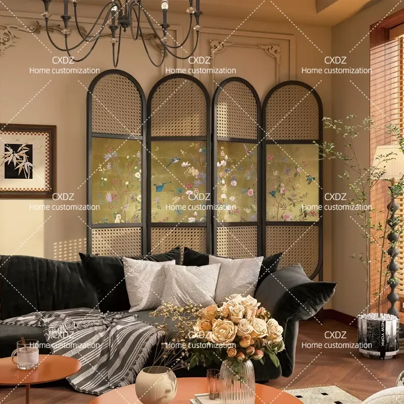 French Style Rattan Solid Wood Screen Partition Folding Mobile Room Divider for Living Room Entrance Home Decor Simple Design