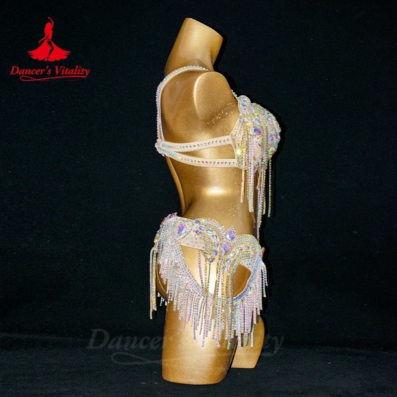 Traje de actuación de danza del vientre para mujer, sujetador y cinturón de piedras AB para adultos y niños, traje de Baile Oriental personalizado,