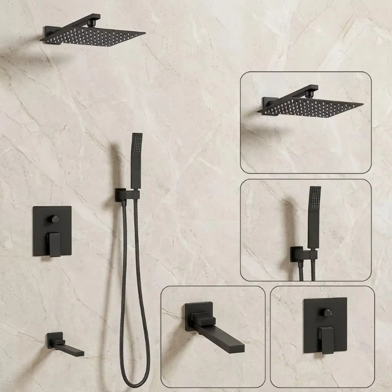 Concealed shower system 3-function square 10-inch rain shower head Brass wall-mounted bathroom shower set