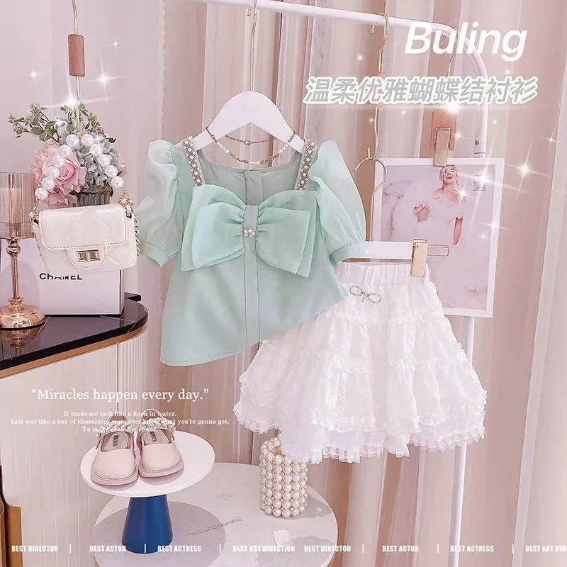 

Girls Bubble Sleeve Shirt Cake Skirt Set Summer 2024 New Children's Short Sleeve Bow Top and Skirt Casual Two Piece Set