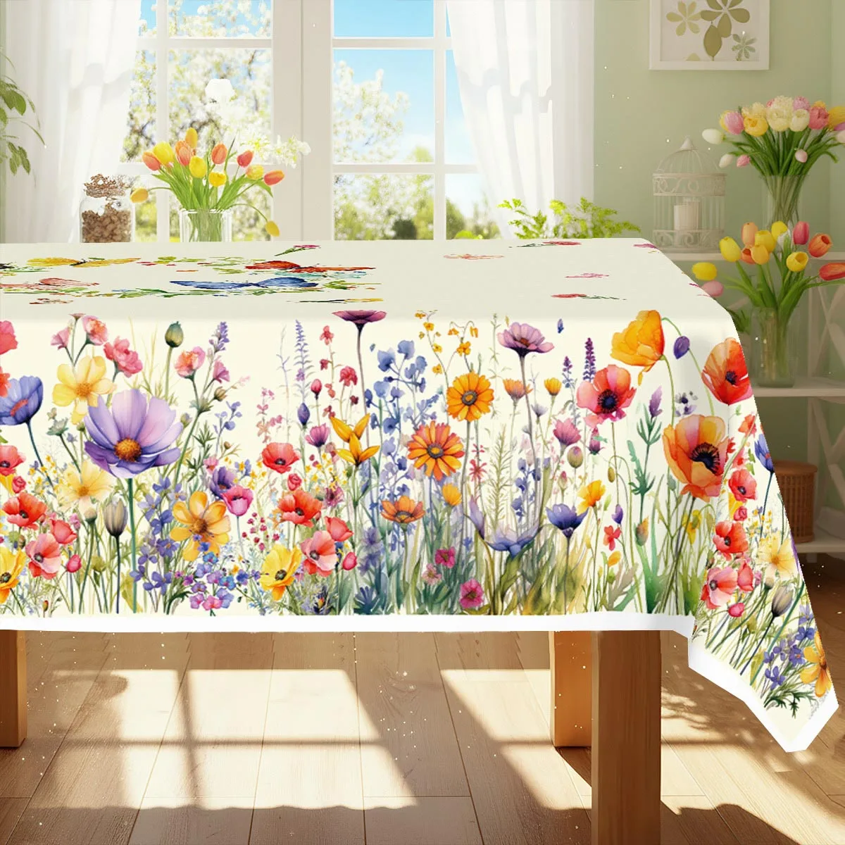 Spring Watercolor Wildflowers Rectangle Tablecloth for Table Decor Summer Daisy Butterfly Kitchen Dining Table Cloth Party Decor