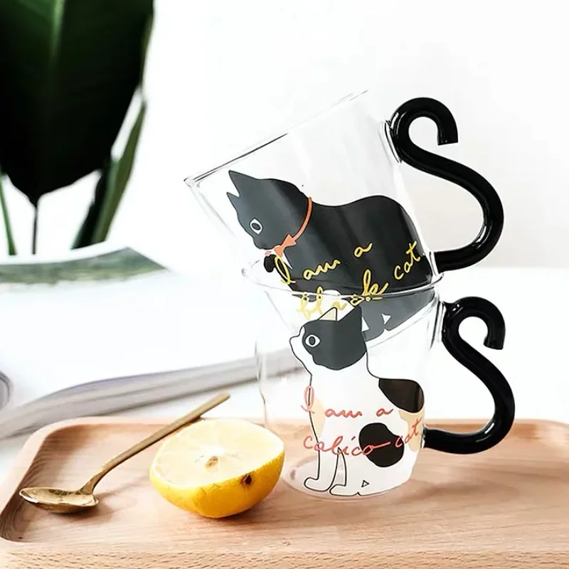 1PCS Cute Cat Glass Juice Coffee Cup Milk Tea Coffee Glass Mug Cat Tail Handle Cat Valentine's Day Lover Gifts Stainless Spoon