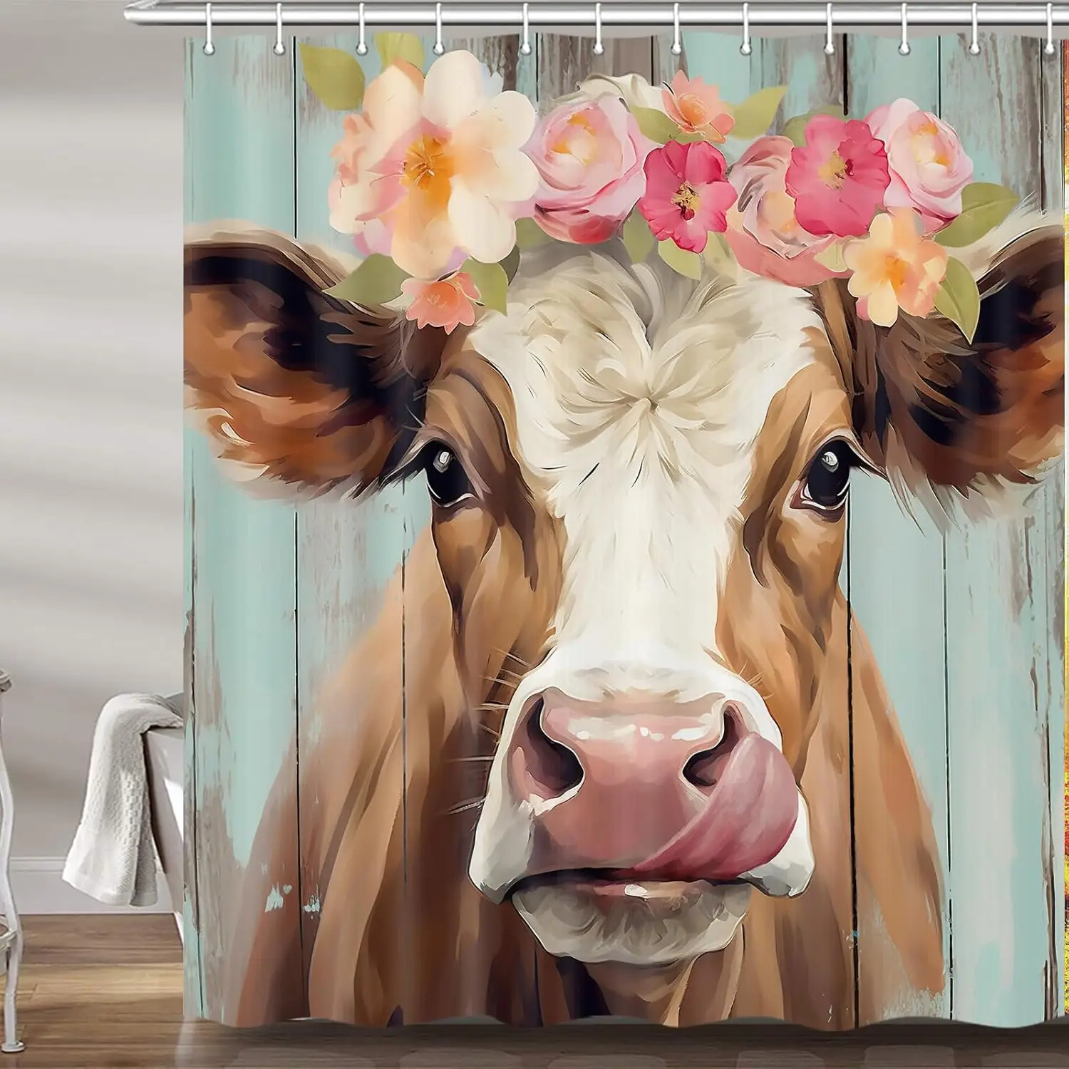 

JAWO Farmhouse Cow Shower Curtain for Bathroom, Cute Rustic Farm Animals on Wood Fabric Shower Curtains Set, Funny Country Barn