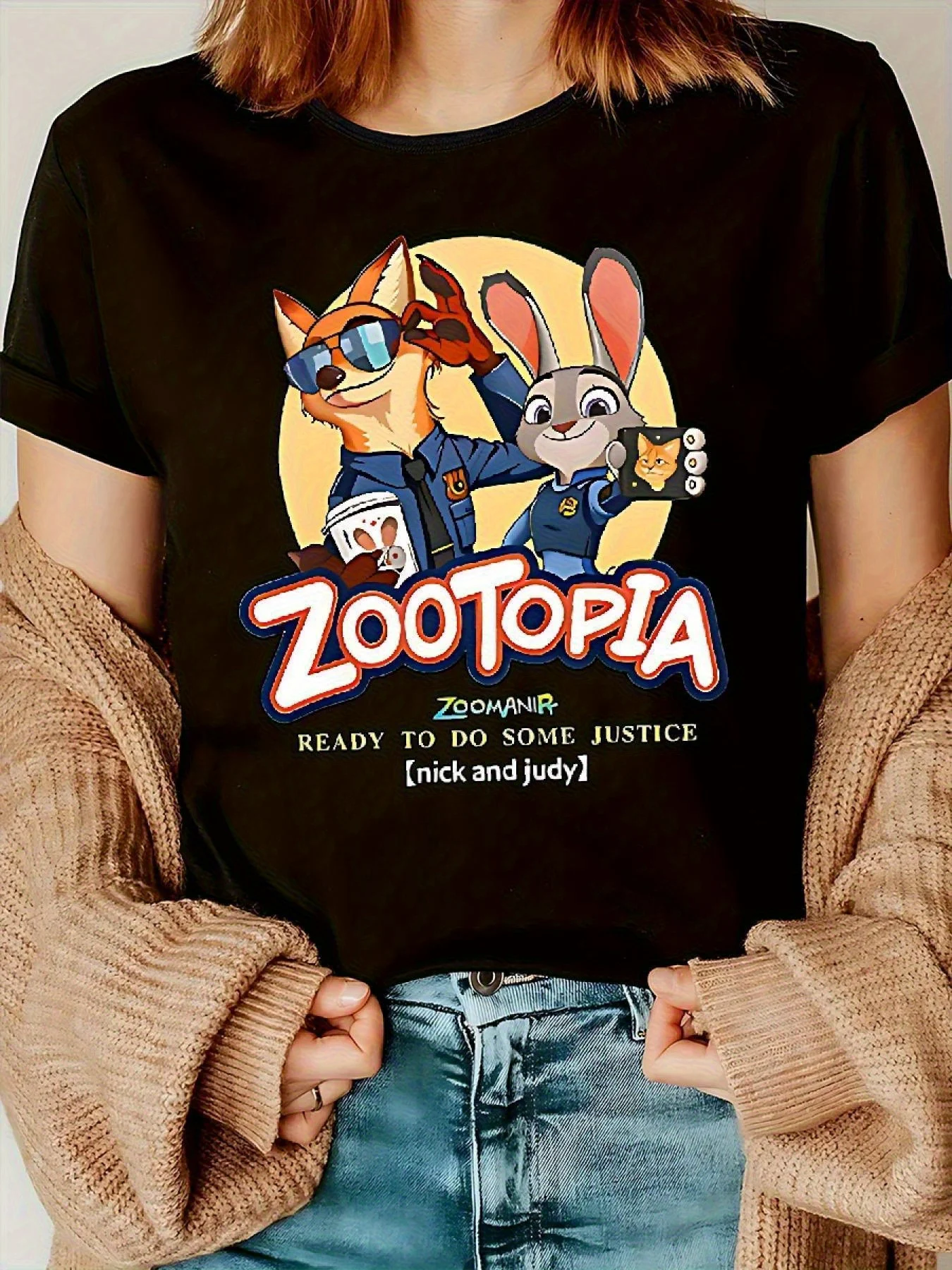 تي شيرت نسائي "Zootopia" مطبوع عليه رسوم كارتونية Judy & Nick - بلوزة كاجوال برقبة دائرية وأكمام قصيرة، متينة قابلة للغسل في الغسالة لربيع وصيف