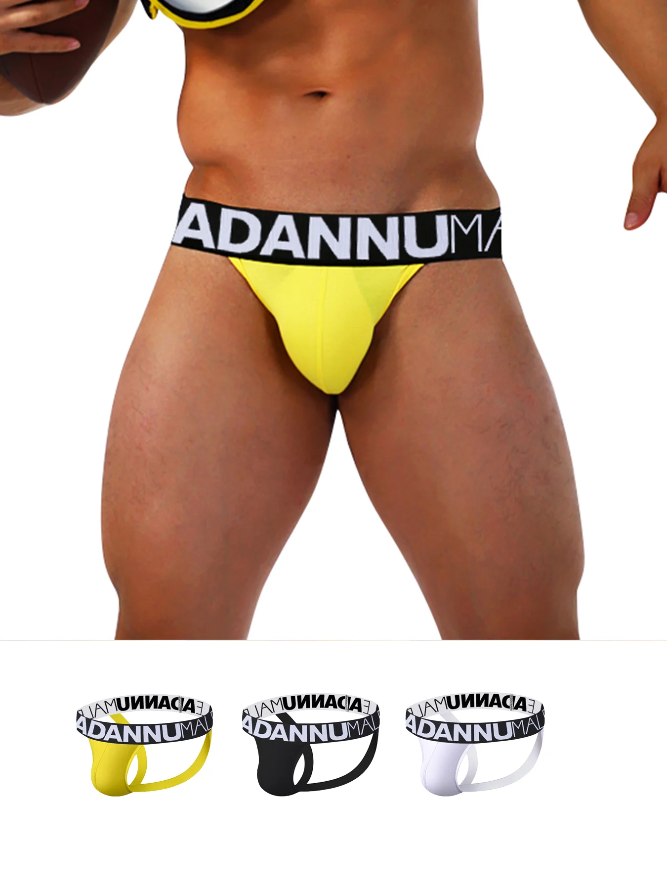 

3-Piece Men's Cotton Thong Underwear Set - Bold Logo Waistband, Multi-Color (Yellow/Black/White) Comfort-Fit Underwear