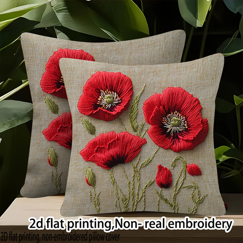 2D Flat-2pack Poppy Print Pillow Covers , Suitable for, bedroom, sofa decoration, excluding pillow fillers.