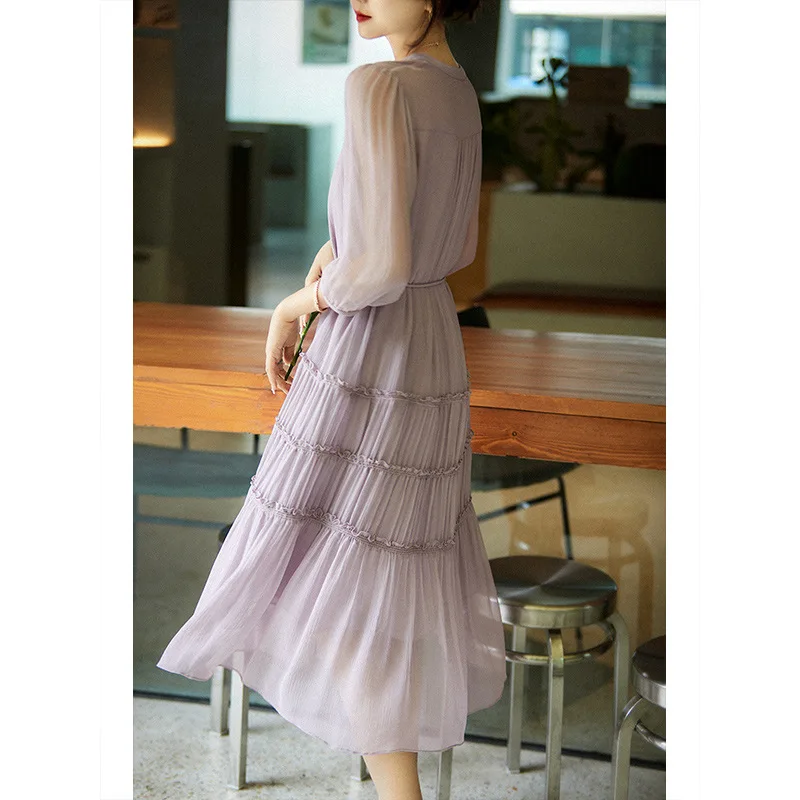 Inside And Outside Mulberry Silk Smoked Purple Silk Dress Pleated Lace Big Swing Skirt 2024 Summer New Women's Dress