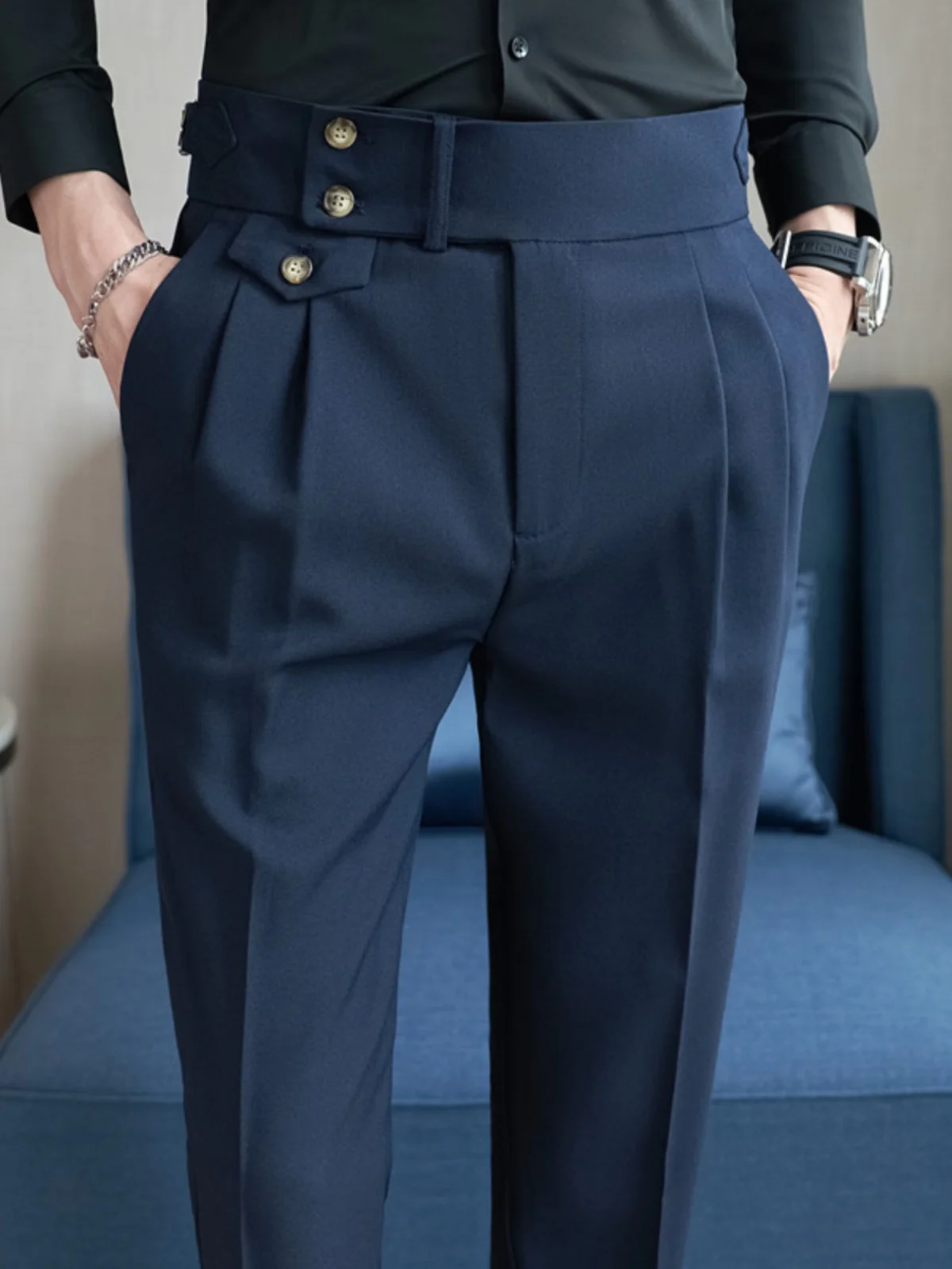 

Мужские брюки с высокой талией, драпированные, без глажки, осенние, повседневные, модные, приталенные, однотонные, длинные