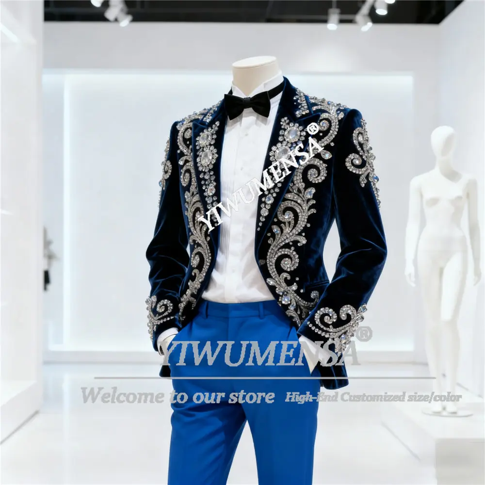 Sparkly Crystals Beaded Velvet Suit Men 2 Pieces Sets Customized Single Breasted Prom Blazers Male Fashion Groom Wedding Tuxedos