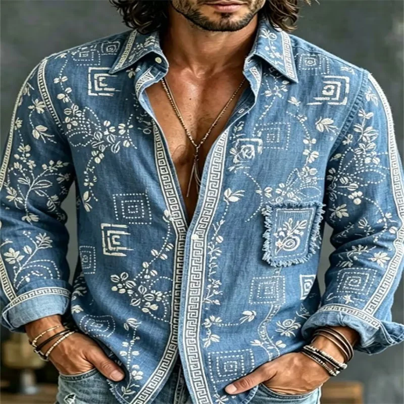 New men's retro casual men's top, Chinese landscape coastal pine tree national style long sleeved shirt top