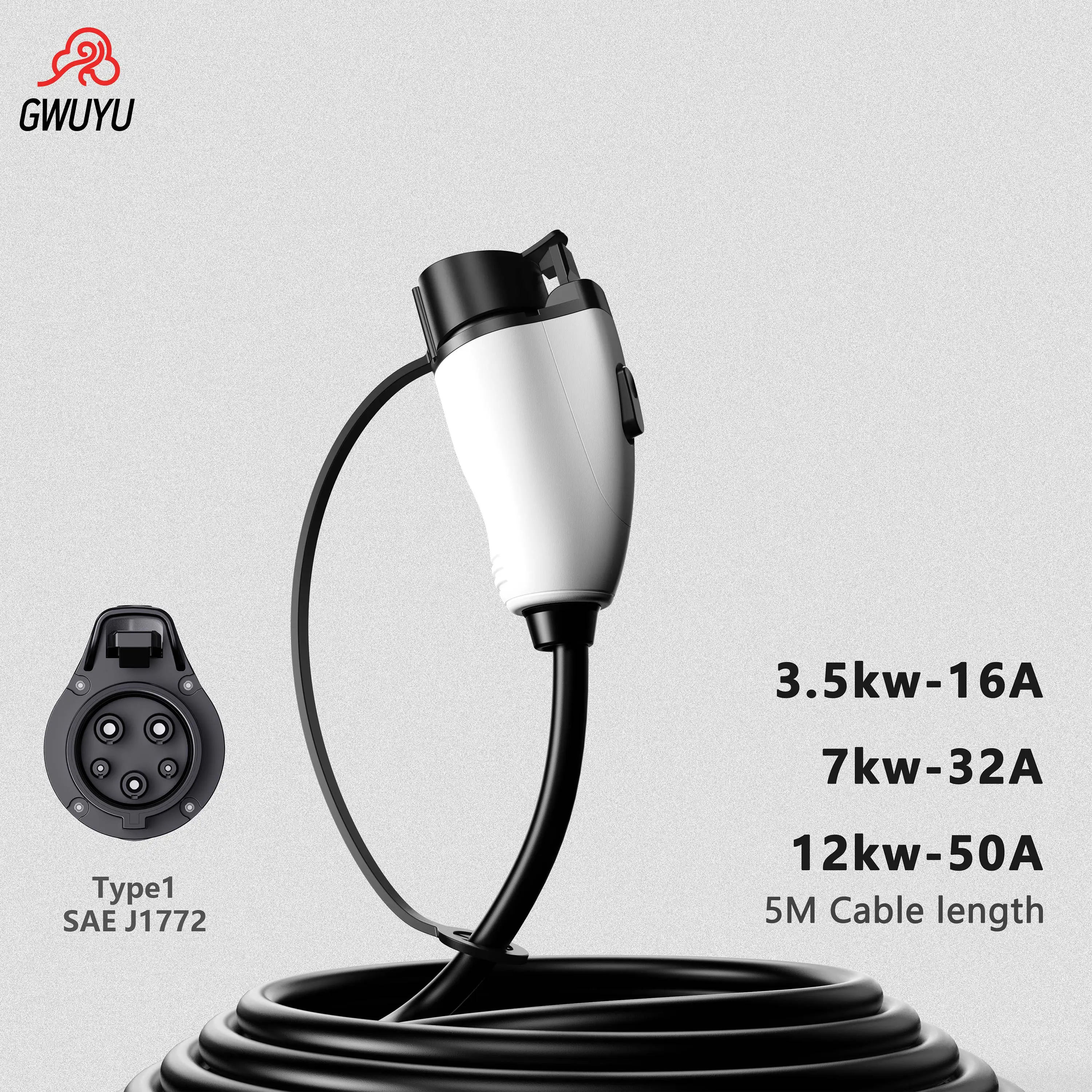 GWUYU SAE J1772 Type 1 AC EV Charging Gun 16A 32A 50A Compact Portable US Standard EV Charger Connector