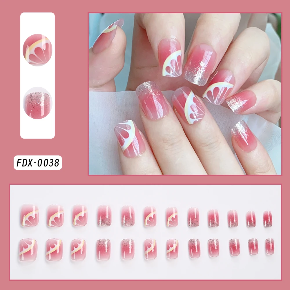 

24pcs 3D Cheek Blush Pink Glitter Short Squre Wearable Nails Lemon Design Fake Nails Glossy Full Cover Nails For Women & Girls *