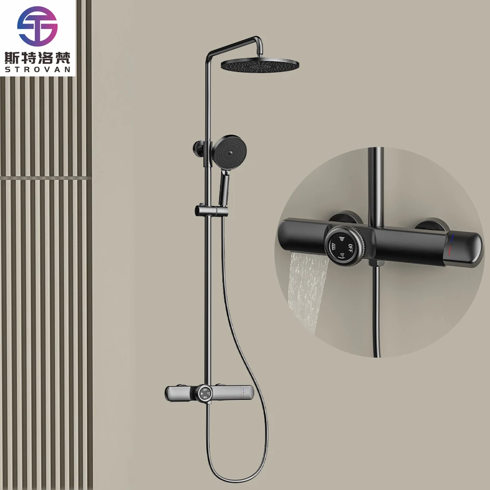 

Modern Round Matte Black Heat Resistant Column Shower Set with Hot and Cold Mixing Hand Faucet Bathroom Shower System