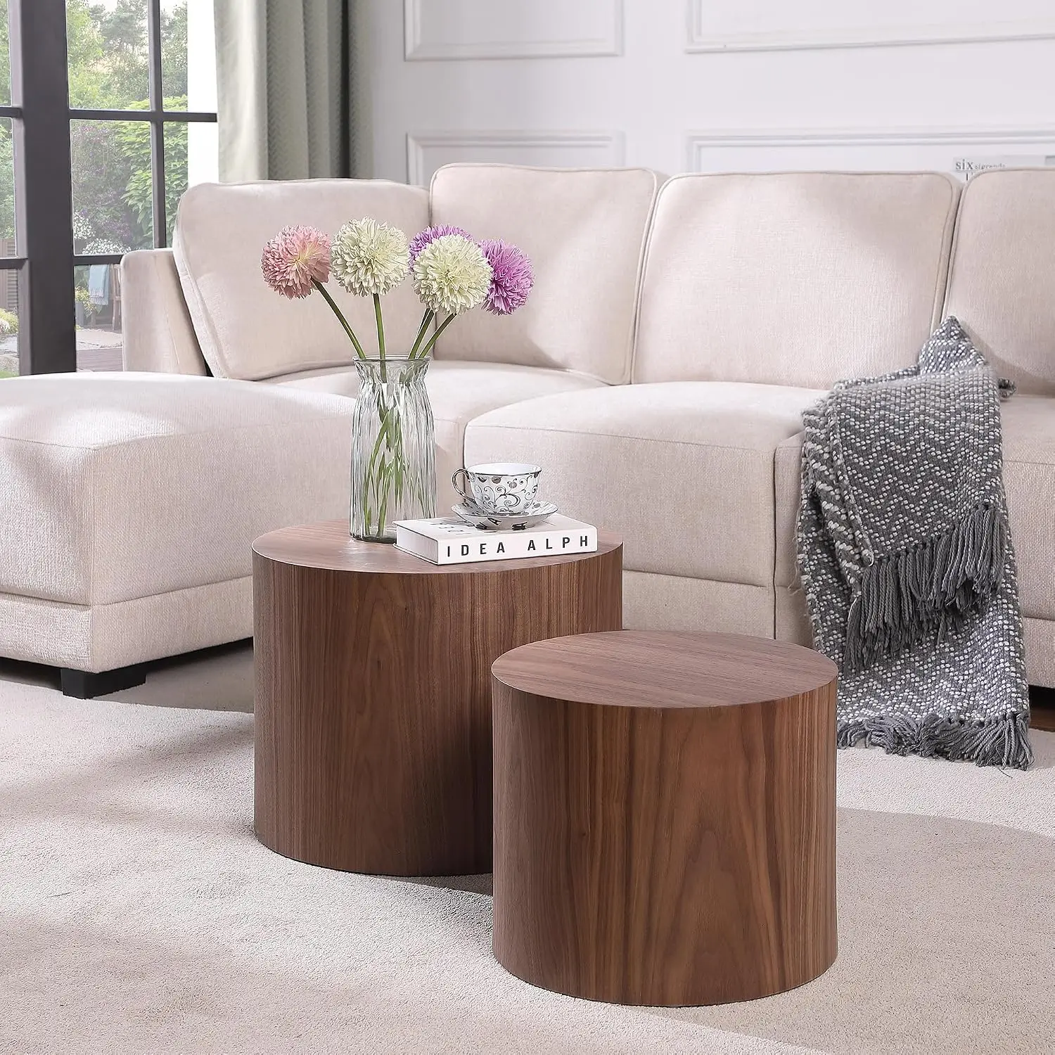 Round Nesting Coffee Table Set of 2, Wood Drum Side Table for Living Room Office No Assembly Walnut, Customized