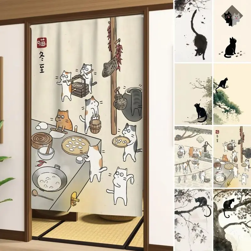 VIKAMA Cute Cat Noren Door Curtain Cat Making Dumplings Print Half Curtain Room Divider Kitchen Bedroom Restaurant Home Decor