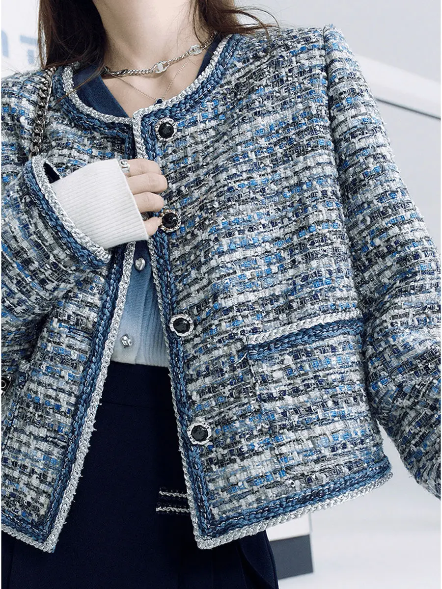 High-End Tweed Short Coat For Women 2024 Spring And Autumn New Korean Style Slim Round Neck Coat Top