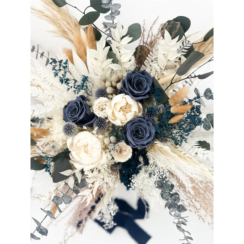 Dried Flowers,Navy,Dusty Blue Roses,White Peony Pampas Grass Bouquet,Bride and Bridesmaids Wedding Flowers