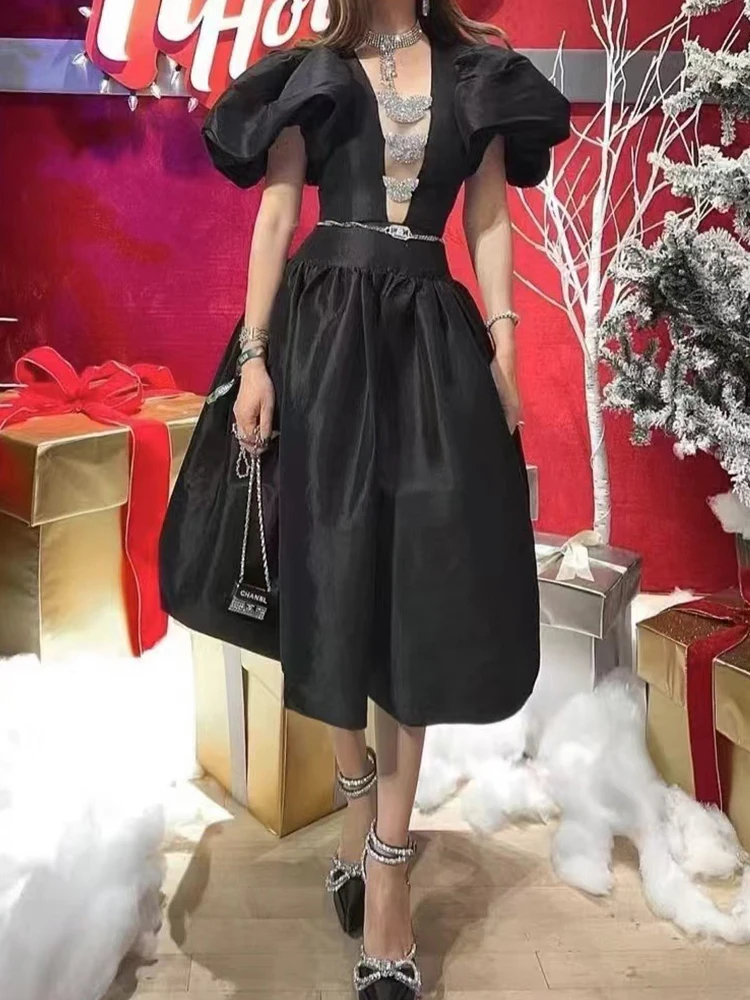 

Fashion solid color square collar bubble short sleeve bow dress 2025 summer women's new elegant temperament pendulum A-line skir