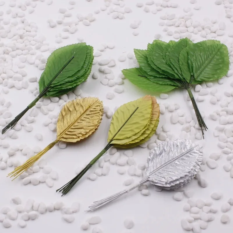 Paquete de 12 piezas/ramo de flores artificiales, hojas de seda, decoración floral para boda, manualidades navideñas para el hogar