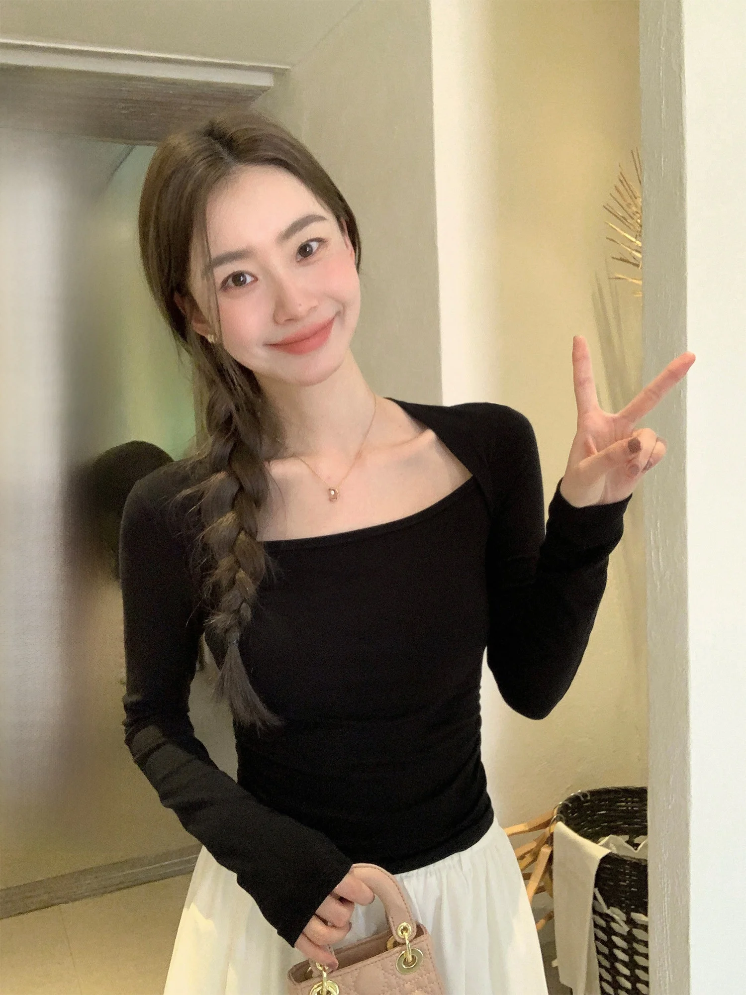 

Женская футболка Pusumede с квадратным вырезом и длинными рукавами, облегающая, укороченная, с открытыми ключицами, модная повседневная одежда