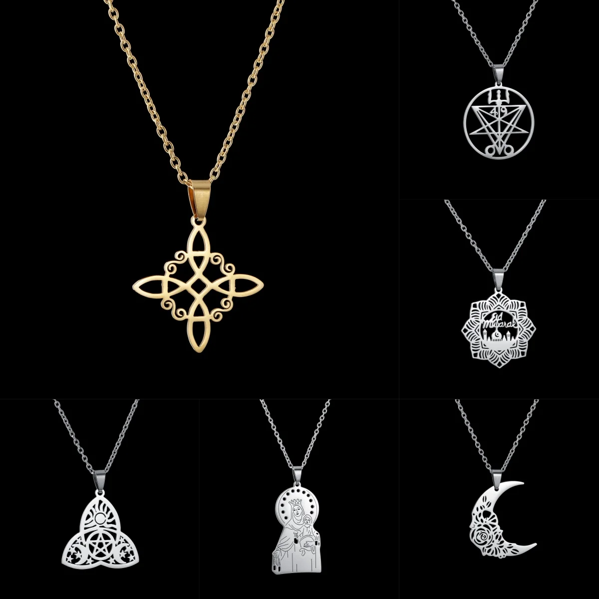 Witch Knot Necklace for Women Men Stainless Steel Religious Pagan Lucky Moom Islam Amulet Jewelry